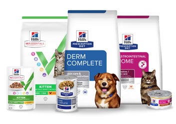 Eine Vielzahl von Haustierfutter der Marke Hill's