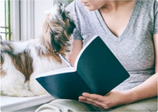 Kleiner Hund neben seinem Menschen mit Buch